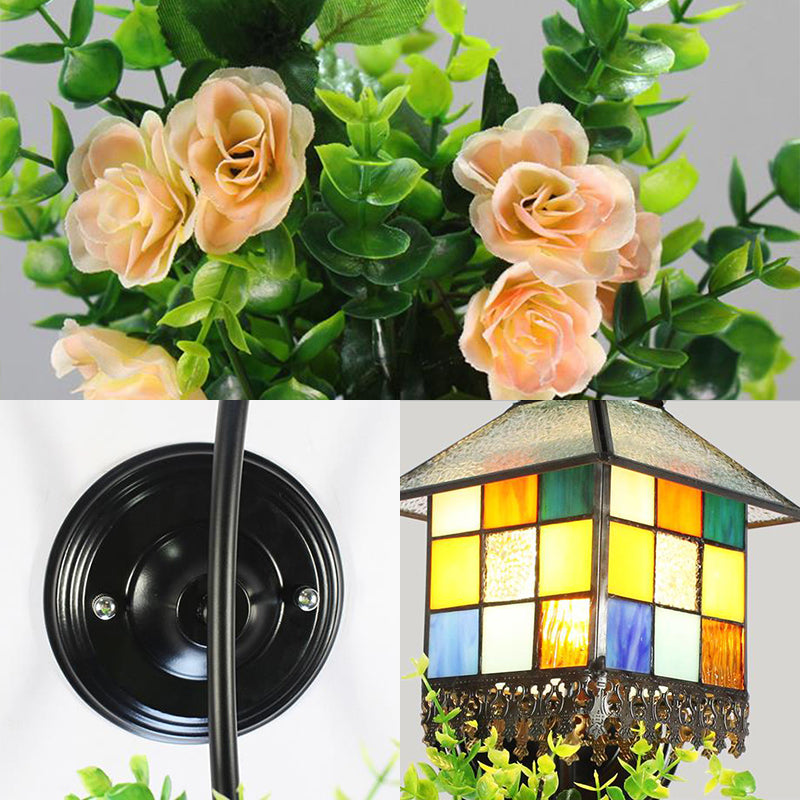 1 Head House Sconce Lighting Baroque Clear/Blue Stained Glass Wall Mount Light with Flower Decoration Clearhalo 'Industrial' 'Middle century wall lights' 'Tiffany wall lights' 'Tiffany' 'Wall Lamps & Sconces' 'Wall Lights' Lighting' 174357