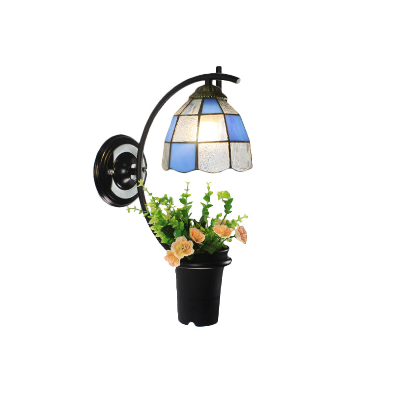 Dome Wall Light Fixture Tiffany Stained Glass 1 Head Blue Sconce Lighting with Flower Decoration Clearhalo 'Industrial' 'Middle century wall lights' 'Tiffany wall lights' 'Tiffany' 'Wall Lamps & Sconces' 'Wall Lights' Lighting' 174372