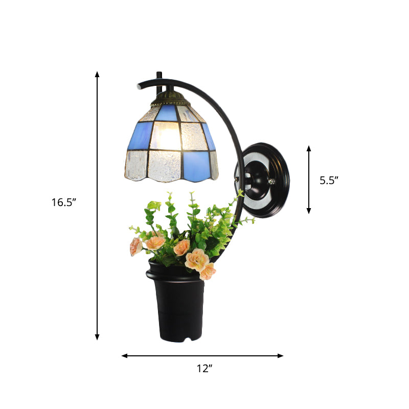 Dome Wall Light Fixture Tiffany Stained Glass 1 Head Blue Sconce Lighting with Flower Decoration Clearhalo 'Industrial' 'Middle century wall lights' 'Tiffany wall lights' 'Tiffany' 'Wall Lamps & Sconces' 'Wall Lights' Lighting' 174373