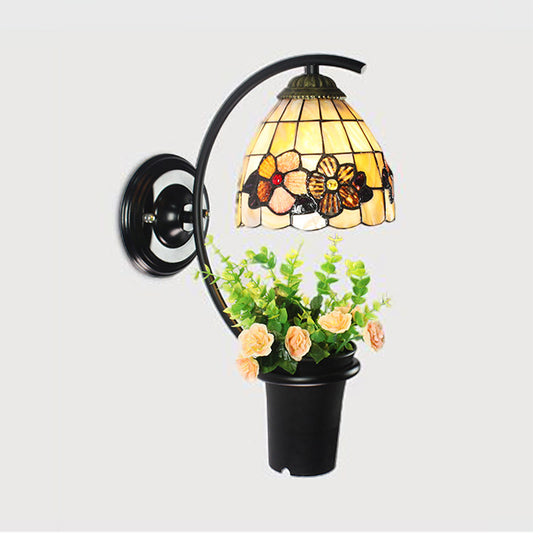 Beige Glass Dome Wall Mount Light Tiffany 1 Head Black Sconce Light with Flower Decoration Clearhalo 'Industrial' 'Middle century wall lights' 'Tiffany wall lights' 'Tiffany' 'Wall Lamps & Sconces' 'Wall Lights' Lighting' 174402