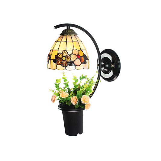 Beige Glass Dome Wall Mount Light Tiffany 1 Head Black Sconce Light with Flower Decoration Clearhalo 'Industrial' 'Middle century wall lights' 'Tiffany wall lights' 'Tiffany' 'Wall Lamps & Sconces' 'Wall Lights' Lighting' 174403