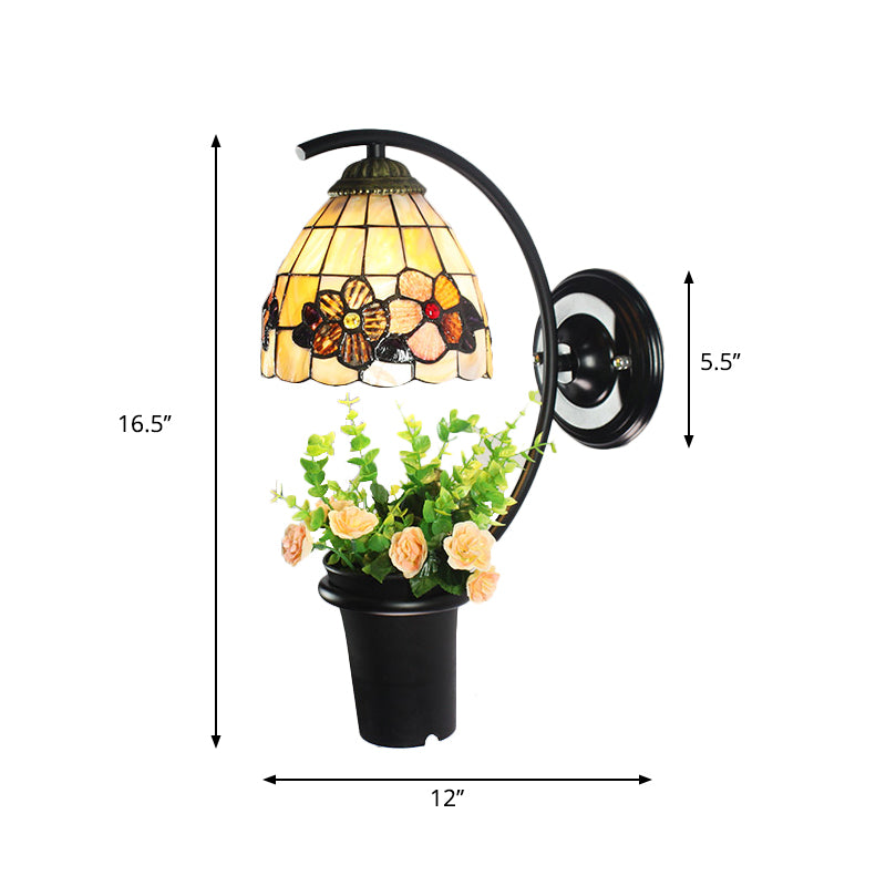 Beige Glass Dome Wall Mount Light Tiffany 1 Head Black Sconce Light with Flower Decoration Clearhalo 'Industrial' 'Middle century wall lights' 'Tiffany wall lights' 'Tiffany' 'Wall Lamps & Sconces' 'Wall Lights' Lighting' 174404