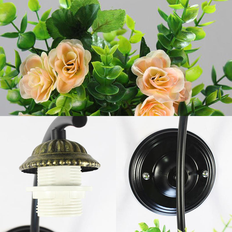 Beige Glass Dome Wall Mount Light Tiffany 1 Head Black Sconce Light with Flower Decoration Clearhalo 'Industrial' 'Middle century wall lights' 'Tiffany wall lights' 'Tiffany' 'Wall Lamps & Sconces' 'Wall Lights' Lighting' 174405