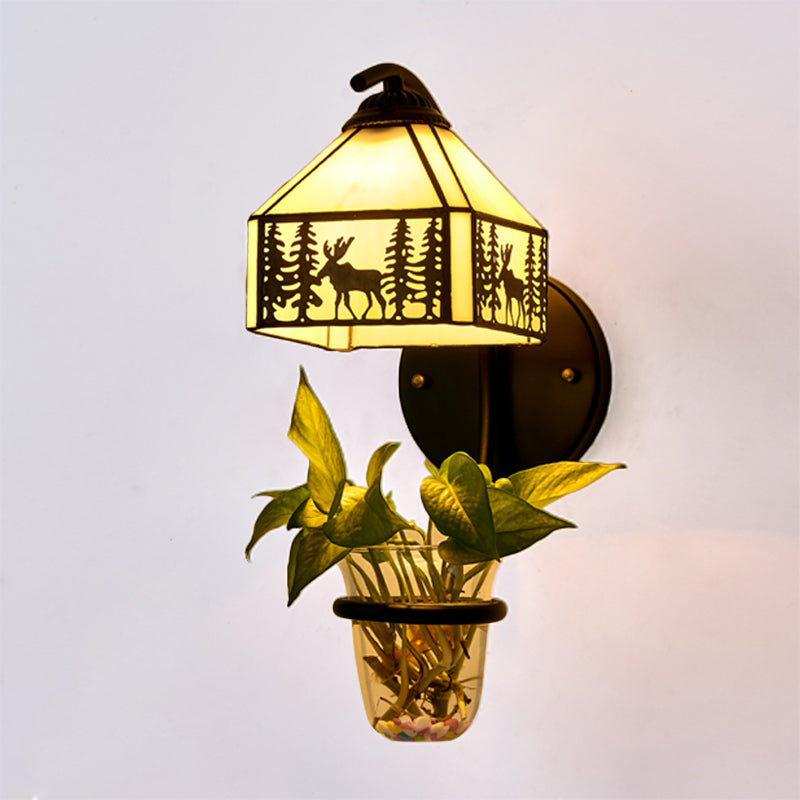Stained Glass House Wall Mount Light Tiffany 1 Head Clear/Beige Sconce Light Fixture with Plant Decoration Clearhalo 'Industrial' 'Middle century wall lights' 'Tiffany wall lights' 'Tiffany' 'Wall Lamps & Sconces' 'Wall Lights' Lighting' 174414