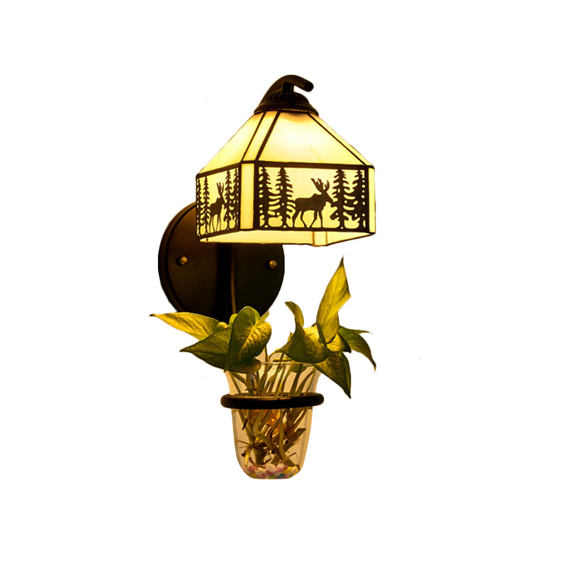 Stained Glass House Wall Mount Light Tiffany 1 Head Clear/Beige Sconce Light Fixture with Plant Decoration Clearhalo 'Industrial' 'Middle century wall lights' 'Tiffany wall lights' 'Tiffany' 'Wall Lamps & Sconces' 'Wall Lights' Lighting' 174415