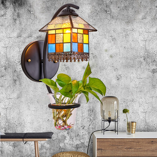 Stained Glass House Wall Mount Light Tiffany 1 Head Clear/Beige Sconce Light Fixture with Plant Decoration Clear Clearhalo 'Industrial' 'Middle century wall lights' 'Tiffany wall lights' 'Tiffany' 'Wall Lamps & Sconces' 'Wall Lights' Lighting' 174416
