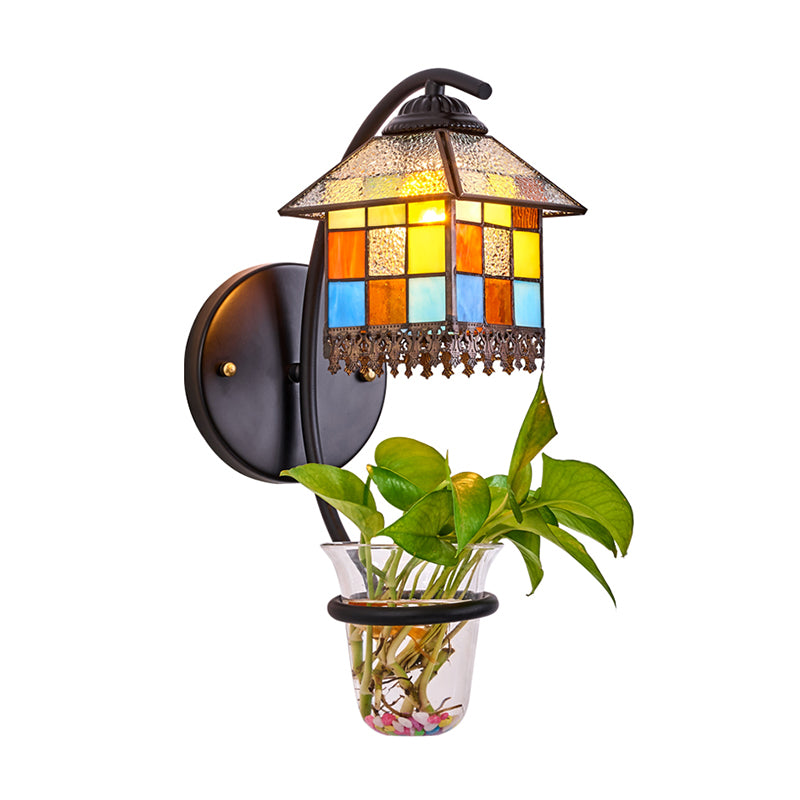 Stained Glass House Wall Mount Light Tiffany 1 Head Clear/Beige Sconce Light Fixture with Plant Decoration Clearhalo 'Industrial' 'Middle century wall lights' 'Tiffany wall lights' 'Tiffany' 'Wall Lamps & Sconces' 'Wall Lights' Lighting' 174417