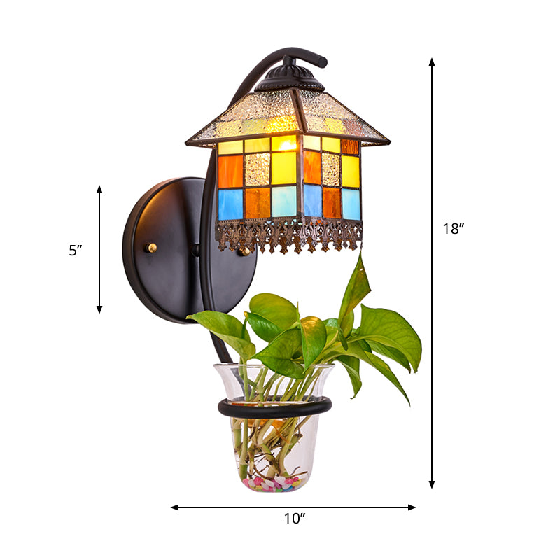 Stained Glass House Wall Mount Light Tiffany 1 Head Clear/Beige Sconce Light Fixture with Plant Decoration Clearhalo 'Industrial' 'Middle century wall lights' 'Tiffany wall lights' 'Tiffany' 'Wall Lamps & Sconces' 'Wall Lights' Lighting' 174418