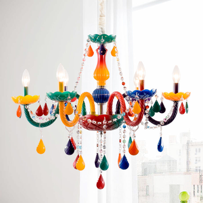 Beautiful Multi-Color Chandelier Candle 6 Lights Glass Pendant Light for Kindergarten Living Room Blue-Yellow-Green Clearhalo 'Ceiling Lights' 'Chandeliers' 'Glass shade' 'Glass' 'Pendant Lights' Lighting' 174442