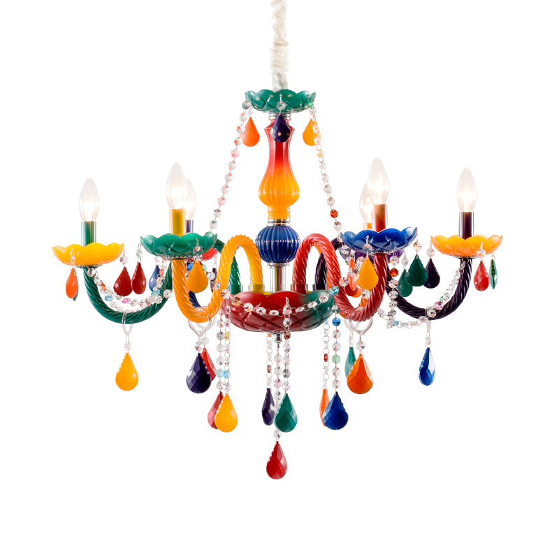 Beautiful Multi-Color Chandelier Candle 6 Lights Glass Pendant Light for Kindergarten Living Room Clearhalo 'Ceiling Lights' 'Chandeliers' 'Glass shade' 'Glass' 'Pendant Lights' Lighting' 174443