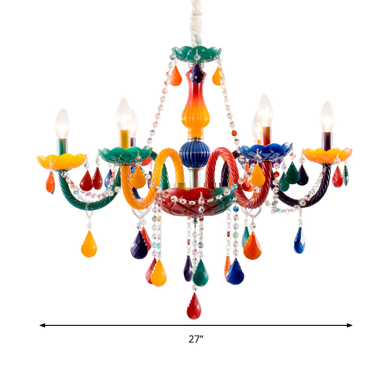 Beautiful Multi-Color Chandelier Candle 6 Lights Glass Pendant Light for Kindergarten Living Room Clearhalo 'Ceiling Lights' 'Chandeliers' 'Glass shade' 'Glass' 'Pendant Lights' Lighting' 174444