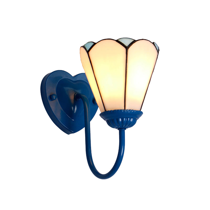 Stained Glass Lily Wall Mount Light Tiffany 1 Head White/Blue/Antique Brass Sconce Lighting for Hallway Clearhalo 'Industrial' 'Middle century wall lights' 'Tiffany wall lights' 'Tiffany' 'Wall Lamps & Sconces' 'Wall Lights' Lighting' 174457