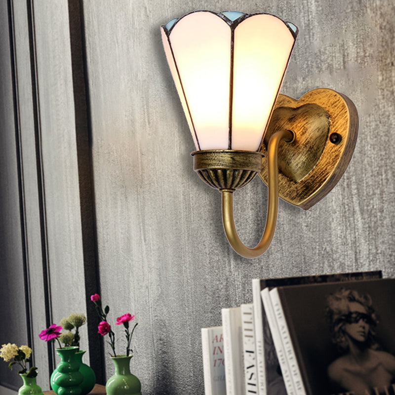 Stained Glass Lily Wall Mount Light Tiffany 1 Head White/Blue/Antique Brass Sconce Lighting for Hallway Antique Brass Clearhalo 'Industrial' 'Middle century wall lights' 'Tiffany wall lights' 'Tiffany' 'Wall Lamps & Sconces' 'Wall Lights' Lighting' 174458