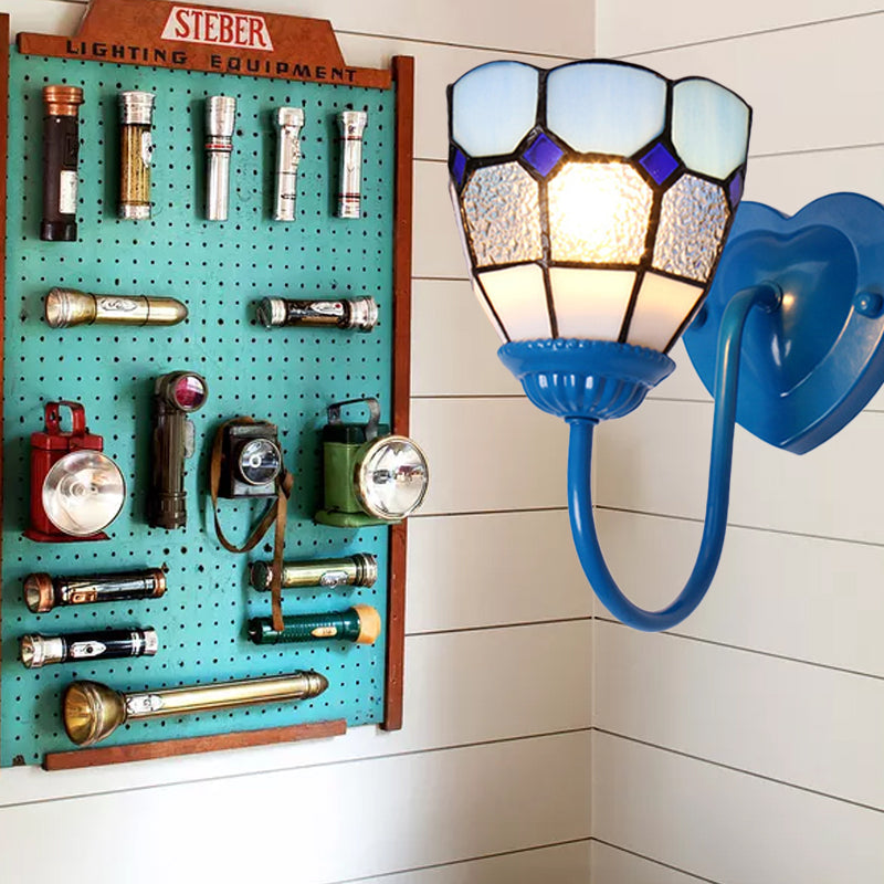 1 Head Bathroom Sconce Light Fixture Tiffany Blue/White/Antique Brass Wall Mounted Light with Dome Dimple Glass Shade Clearhalo 'Industrial' 'Middle century wall lights' 'Tiffany wall lights' 'Tiffany' 'Wall Lamps & Sconces' 'Wall Lights' Lighting' 174478