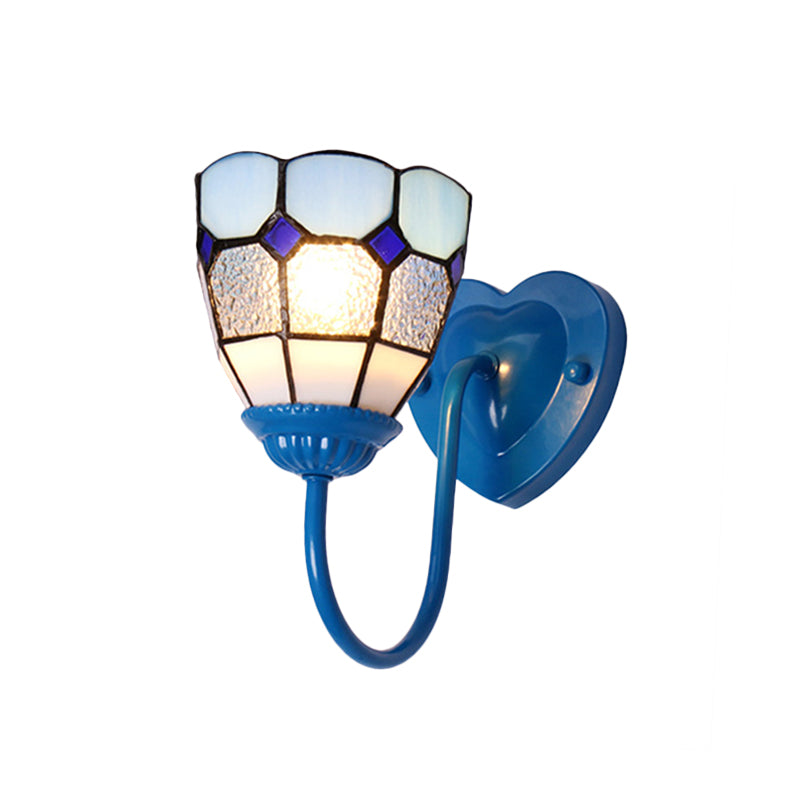 1 Head Bathroom Sconce Light Fixture Tiffany Blue/White/Antique Brass Wall Mounted Light with Dome Dimple Glass Shade Clearhalo 'Industrial' 'Middle century wall lights' 'Tiffany wall lights' 'Tiffany' 'Wall Lamps & Sconces' 'Wall Lights' Lighting' 174479