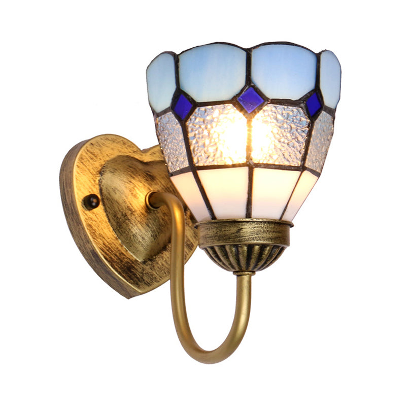1 Head Bathroom Sconce Light Fixture Tiffany Blue/White/Antique Brass Wall Mounted Light with Dome Dimple Glass Shade Clearhalo 'Industrial' 'Middle century wall lights' 'Tiffany wall lights' 'Tiffany' 'Wall Lamps & Sconces' 'Wall Lights' Lighting' 174482