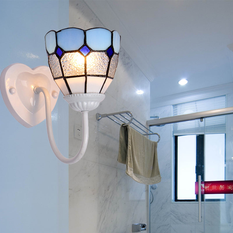 1 Head Bathroom Sconce Light Fixture Tiffany Blue/White/Antique Brass Wall Mounted Light with Dome Dimple Glass Shade Clearhalo 'Industrial' 'Middle century wall lights' 'Tiffany wall lights' 'Tiffany' 'Wall Lamps & Sconces' 'Wall Lights' Lighting' 174483