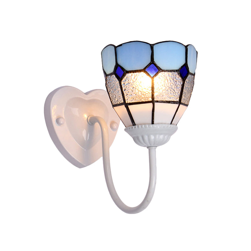 1 Head Bathroom Sconce Light Fixture Tiffany Blue/White/Antique Brass Wall Mounted Light with Dome Dimple Glass Shade Clearhalo 'Industrial' 'Middle century wall lights' 'Tiffany wall lights' 'Tiffany' 'Wall Lamps & Sconces' 'Wall Lights' Lighting' 174484