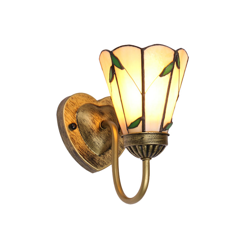 Lily Beige Glass Wall Light Fixture Tiffany 1 Head White/Blue/Antique Brass Sconce Lighting for Bedroom Clearhalo 'Industrial' 'Middle century wall lights' 'Tiffany wall lights' 'Tiffany' 'Wall Lamps & Sconces' 'Wall Lights' Lighting' 174492