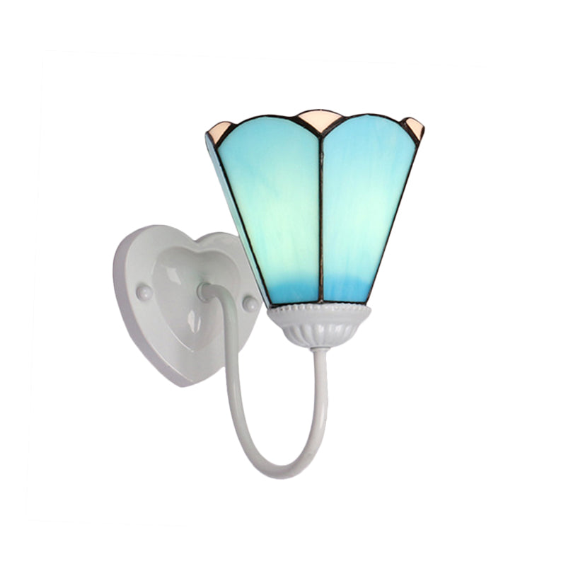 1 Head Hallway Wall Light Fixture Mediterranean White/Gold/Blue Sconce Lighting with Lily Blue Glass Shade Clearhalo 'Industrial' 'Middle century wall lights' 'Tiffany wall lights' 'Tiffany' 'Wall Lamps & Sconces' 'Wall Lights' Lighting' 174531