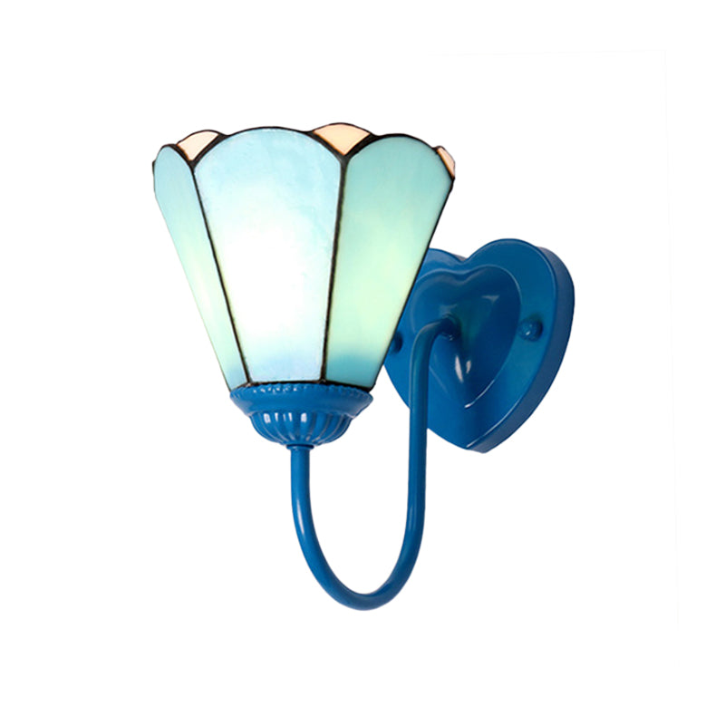 1 Head Hallway Wall Light Fixture Mediterranean White/Gold/Blue Sconce Lighting with Lily Blue Glass Shade Clearhalo 'Industrial' 'Middle century wall lights' 'Tiffany wall lights' 'Tiffany' 'Wall Lamps & Sconces' 'Wall Lights' Lighting' 174536
