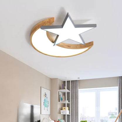 Wood Star Moon Ceiling Mount Light Nordic Style Ceiling Lamp for Nursing Room Bedroom Grey Clearhalo 'Ceiling Lights' 'Close To Ceiling Lights' 'Close to ceiling' 'Flush mount' Lighting' 174553