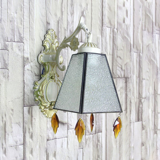Geometric Wall Sconce Tiffany Style Stained Glass 1 Light Wall Sconce Lamp Fixture with Leaf Pendant in Amber/Green/Clear Clear Clearhalo 'Industrial' 'Middle century wall lights' 'Tiffany wall lights' 'Tiffany' 'Wall Lamps & Sconces' 'Wall Lights' Lighting' 174607