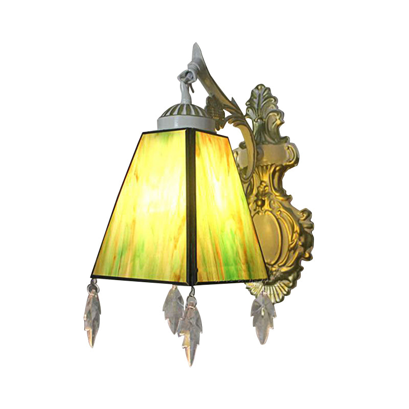 Geometric Wall Sconce Tiffany Style Stained Glass 1 Light Wall Sconce Lamp Fixture with Leaf Pendant in Amber/Green/Clear Clearhalo 'Industrial' 'Middle century wall lights' 'Tiffany wall lights' 'Tiffany' 'Wall Lamps & Sconces' 'Wall Lights' Lighting' 174613