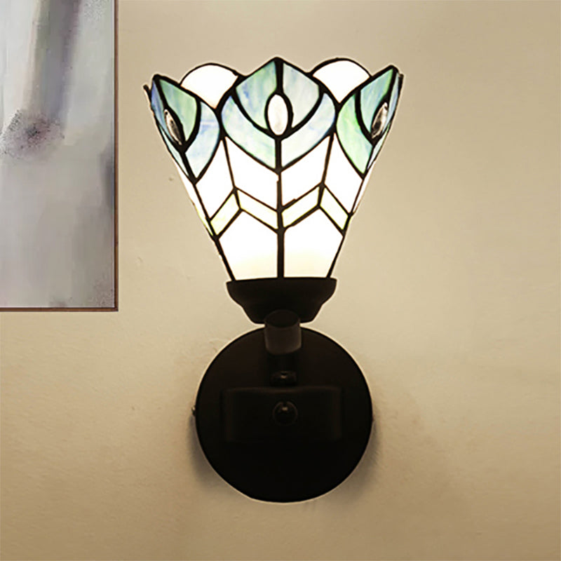 Blue Scalloped Wall Mount Fixture with Curved/Arc Arm Tiffany Style Stained Glass 1 Light Wall Mount Fixture for Bedroom Blue Arc Clearhalo 'Industrial' 'Middle century wall lights' 'Tiffany wall lights' 'Tiffany' 'Wall Lamps & Sconces' 'Wall Lights' Lighting' 174639