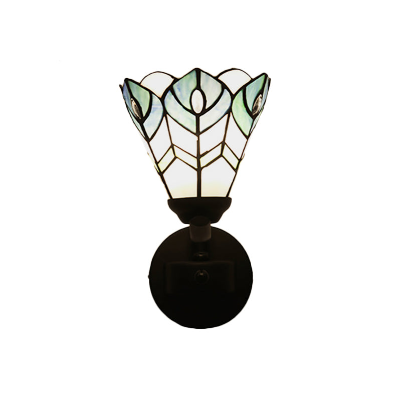 Blue Scalloped Wall Mount Fixture with Curved/Arc Arm Tiffany Style Stained Glass 1 Light Wall Mount Fixture for Bedroom Clearhalo 'Industrial' 'Middle century wall lights' 'Tiffany wall lights' 'Tiffany' 'Wall Lamps & Sconces' 'Wall Lights' Lighting' 174641