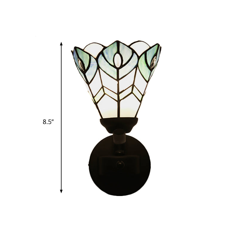 Blue Scalloped Wall Mount Fixture with Curved/Arc Arm Tiffany Style Stained Glass 1 Light Wall Mount Fixture for Bedroom Clearhalo 'Industrial' 'Middle century wall lights' 'Tiffany wall lights' 'Tiffany' 'Wall Lamps & Sconces' 'Wall Lights' Lighting' 174642
