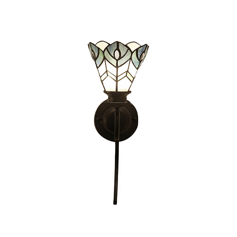 Blue Scalloped Wall Mount Fixture with Curved/Arc Arm Tiffany Style Stained Glass 1 Light Wall Mount Fixture for Bedroom Clearhalo 'Industrial' 'Middle century wall lights' 'Tiffany wall lights' 'Tiffany' 'Wall Lamps & Sconces' 'Wall Lights' Lighting' 174645