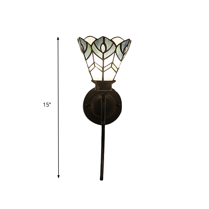 Blue Scalloped Wall Mount Fixture with Curved/Arc Arm Tiffany Style Stained Glass 1 Light Wall Mount Fixture for Bedroom Clearhalo 'Industrial' 'Middle century wall lights' 'Tiffany wall lights' 'Tiffany' 'Wall Lamps & Sconces' 'Wall Lights' Lighting' 174646