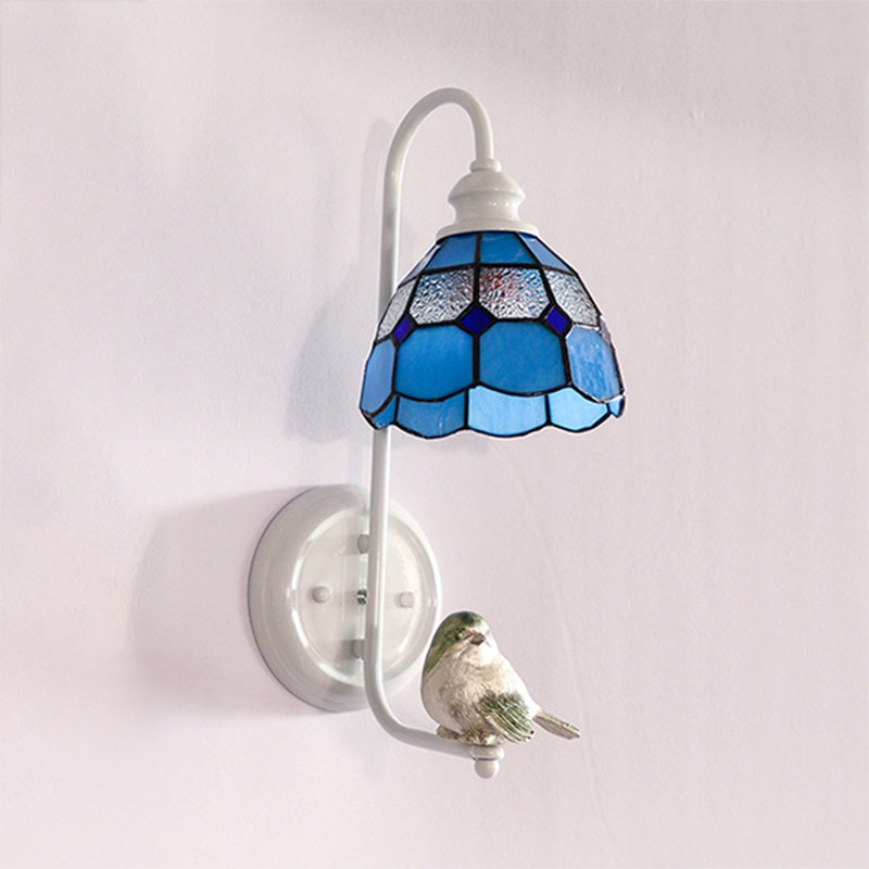 1 Head Bedroom Wall Light Mediterranean Blue-White/Beige/Blue-Clear Sconce Lighting with Cone/Dome Stained Glass Shade Clearhalo 'Industrial' 'Middle century wall lights' 'Tiffany wall lights' 'Tiffany' 'Wall Lamps & Sconces' 'Wall Lights' Lighting' 174666