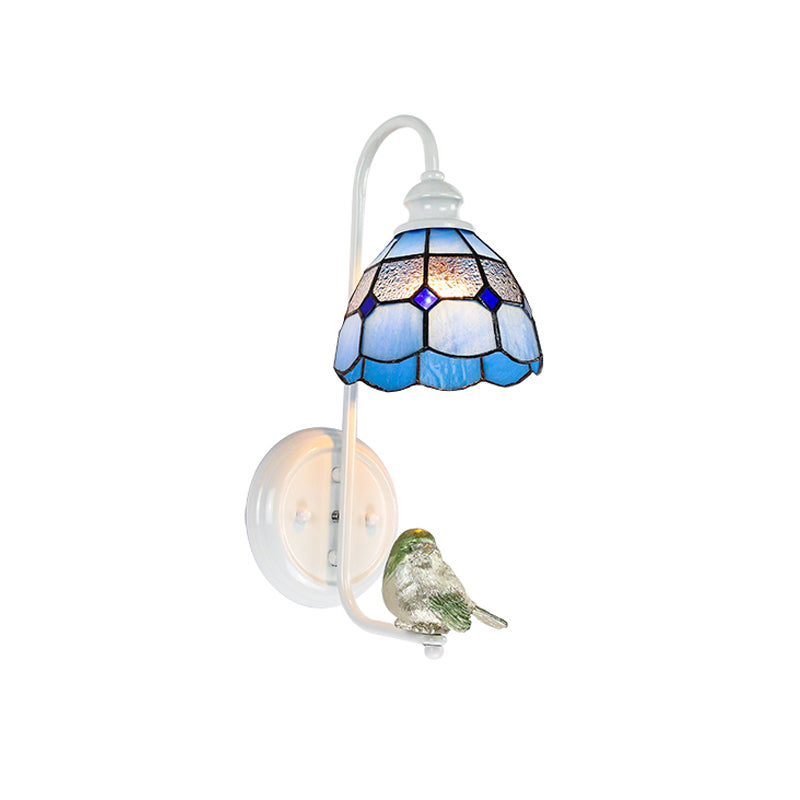 1 Head Bedroom Wall Light Mediterranean Blue-White/Beige/Blue-Clear Sconce Lighting with Cone/Dome Stained Glass Shade Clearhalo 'Industrial' 'Middle century wall lights' 'Tiffany wall lights' 'Tiffany' 'Wall Lamps & Sconces' 'Wall Lights' Lighting' 174667