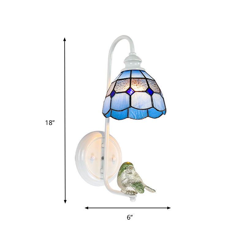 1 Head Bedroom Wall Light Mediterranean Blue-White/Beige/Blue-Clear Sconce Lighting with Cone/Dome Stained Glass Shade Clearhalo 'Industrial' 'Middle century wall lights' 'Tiffany wall lights' 'Tiffany' 'Wall Lamps & Sconces' 'Wall Lights' Lighting' 174668