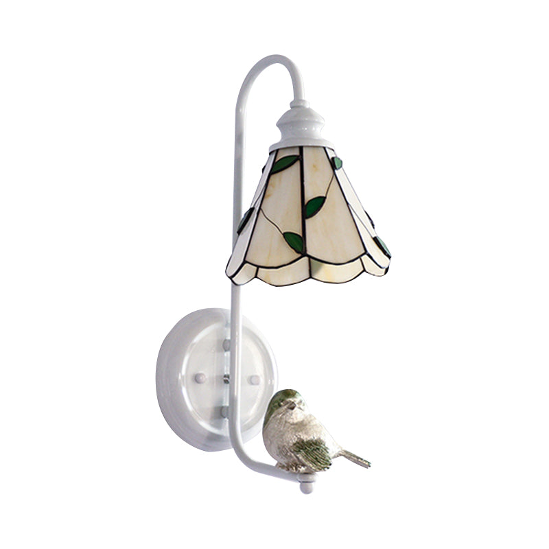 1 Head Bedroom Wall Light Mediterranean Blue-White/Beige/Blue-Clear Sconce Lighting with Cone/Dome Stained Glass Shade Clearhalo 'Industrial' 'Middle century wall lights' 'Tiffany wall lights' 'Tiffany' 'Wall Lamps & Sconces' 'Wall Lights' Lighting' 174670