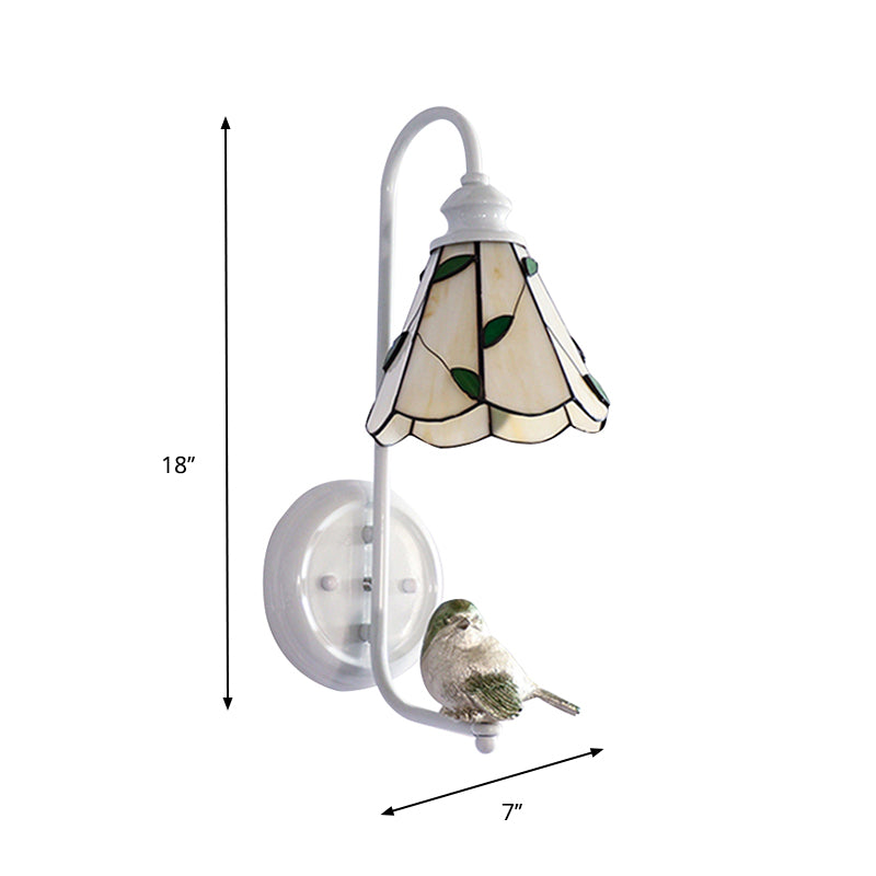 1 Head Bedroom Wall Light Mediterranean Blue-White/Beige/Blue-Clear Sconce Lighting with Cone/Dome Stained Glass Shade Clearhalo 'Industrial' 'Middle century wall lights' 'Tiffany wall lights' 'Tiffany' 'Wall Lamps & Sconces' 'Wall Lights' Lighting' 174671