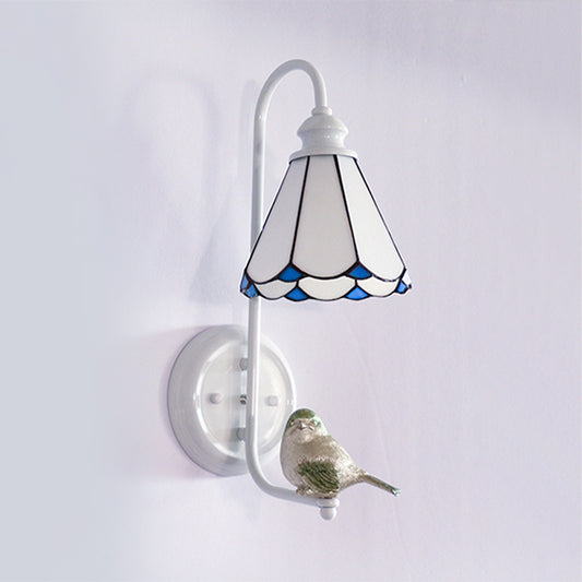 1 Head Bedroom Wall Light Mediterranean Blue-White/Beige/Blue-Clear Sconce Lighting with Cone/Dome Stained Glass Shade White Clearhalo 'Industrial' 'Middle century wall lights' 'Tiffany wall lights' 'Tiffany' 'Wall Lamps & Sconces' 'Wall Lights' Lighting' 174672