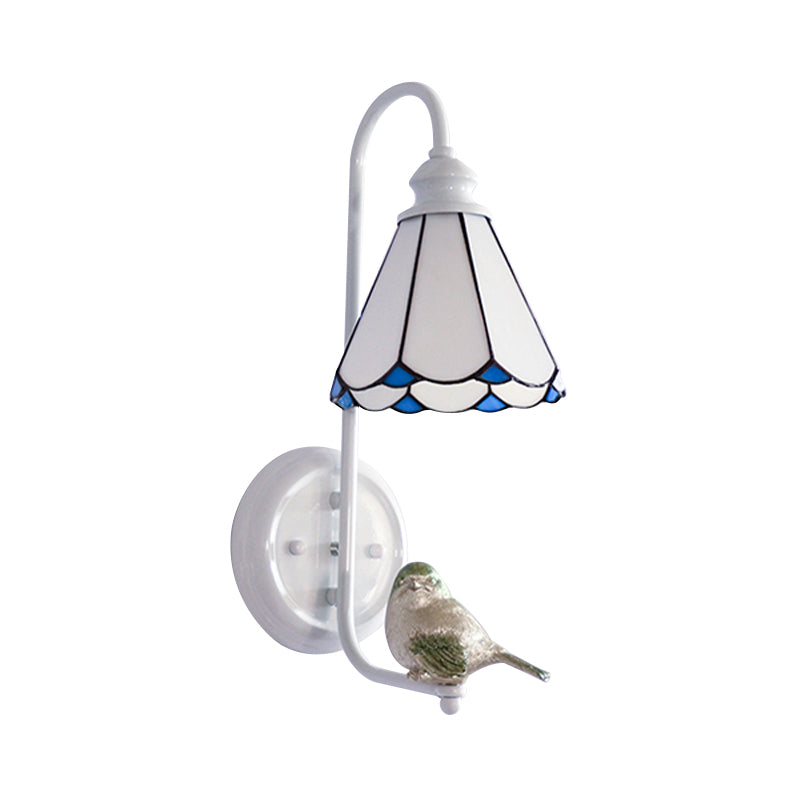 1 Head Bedroom Wall Light Mediterranean Blue-White/Beige/Blue-Clear Sconce Lighting with Cone/Dome Stained Glass Shade Clearhalo 'Industrial' 'Middle century wall lights' 'Tiffany wall lights' 'Tiffany' 'Wall Lamps & Sconces' 'Wall Lights' Lighting' 174673