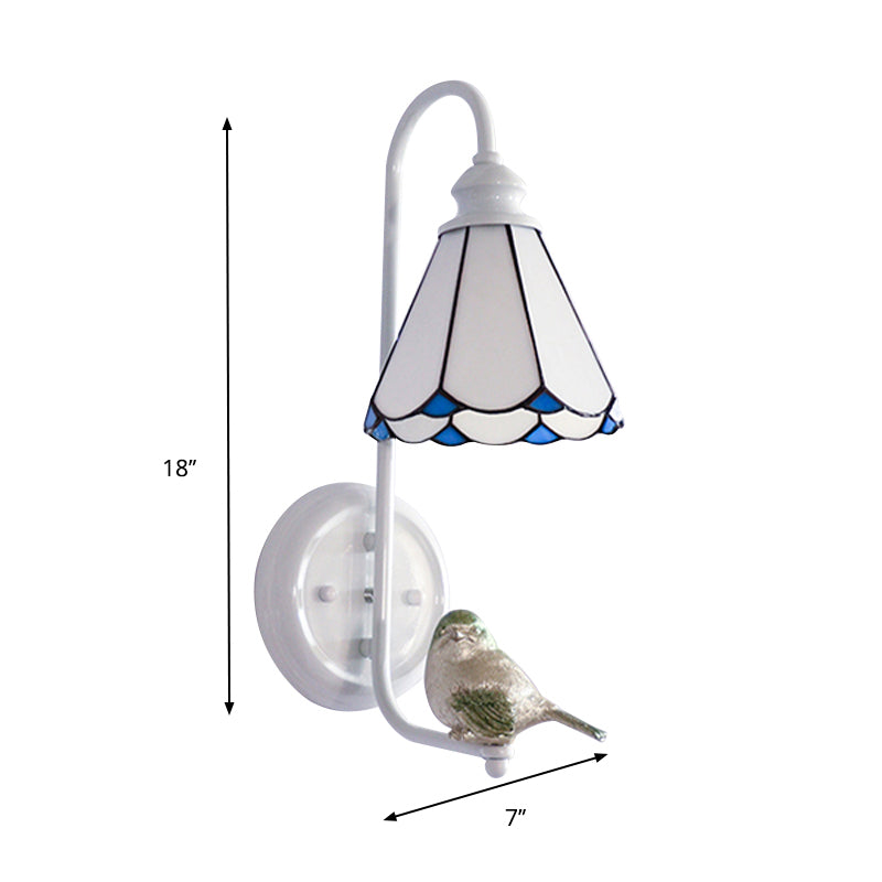 1 Head Bedroom Wall Light Mediterranean Blue-White/Beige/Blue-Clear Sconce Lighting with Cone/Dome Stained Glass Shade Clearhalo 'Industrial' 'Middle century wall lights' 'Tiffany wall lights' 'Tiffany' 'Wall Lamps & Sconces' 'Wall Lights' Lighting' 174674