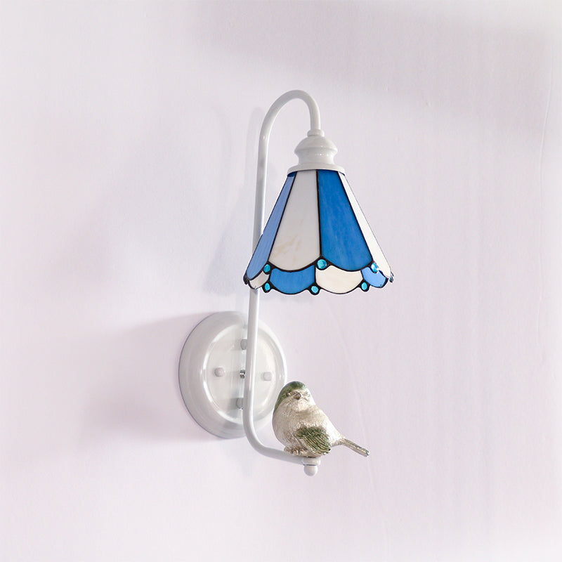 1 Head Bedroom Wall Light Mediterranean Blue-White/Beige/Blue-Clear Sconce Lighting with Cone/Dome Stained Glass Shade Blue-White Clearhalo 'Industrial' 'Middle century wall lights' 'Tiffany wall lights' 'Tiffany' 'Wall Lamps & Sconces' 'Wall Lights' Lighting' 174675