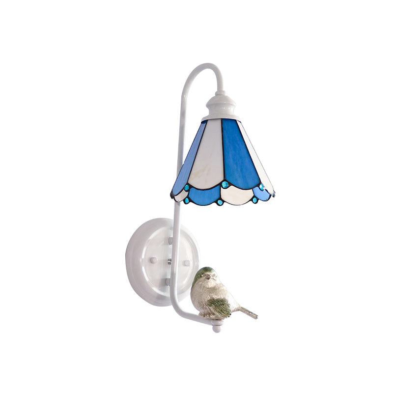 1 Head Bedroom Wall Light Mediterranean Blue-White/Beige/Blue-Clear Sconce Lighting with Cone/Dome Stained Glass Shade Clearhalo 'Industrial' 'Middle century wall lights' 'Tiffany wall lights' 'Tiffany' 'Wall Lamps & Sconces' 'Wall Lights' Lighting' 174676