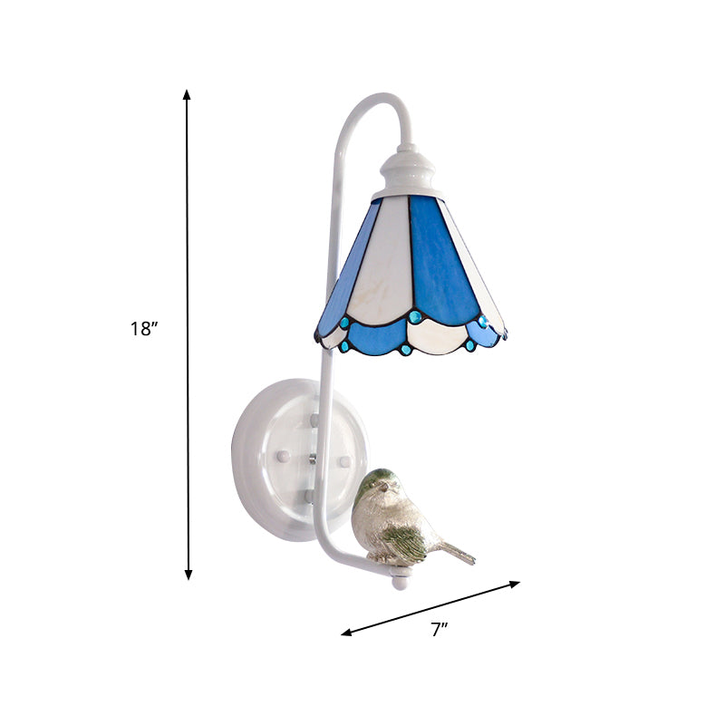 1 Head Bedroom Wall Light Mediterranean Blue-White/Beige/Blue-Clear Sconce Lighting with Cone/Dome Stained Glass Shade Clearhalo 'Industrial' 'Middle century wall lights' 'Tiffany wall lights' 'Tiffany' 'Wall Lamps & Sconces' 'Wall Lights' Lighting' 174677