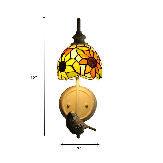 1 Head Sconce Light Tiffany Dome/House Stained Glass Wall Light Fixture in White with Square/Sunflower/Diamond Pattern Clearhalo 'Industrial' 'Middle century wall lights' 'Tiffany wall lights' 'Tiffany' 'Wall Lamps & Sconces' 'Wall Lights' Lighting' 174718