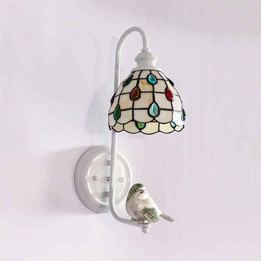 1 Head Sconce Light Tiffany Dome/House Stained Glass Wall Light Fixture in White with Square/Sunflower/Diamond Pattern White Gem Clearhalo 'Industrial' 'Middle century wall lights' 'Tiffany wall lights' 'Tiffany' 'Wall Lamps & Sconces' 'Wall Lights' Lighting' 174719