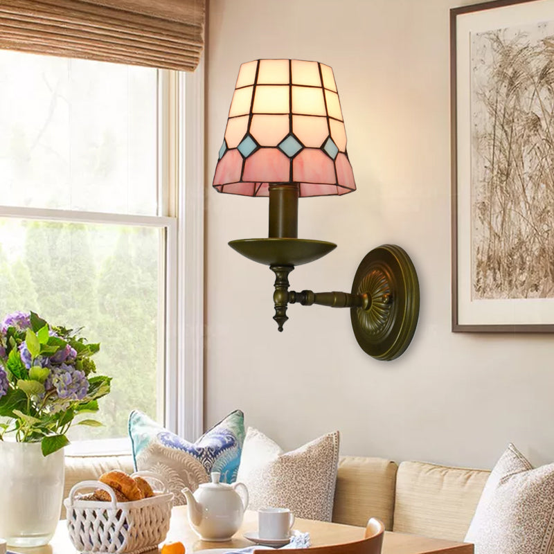 Tiffany Geometric Wall Mount Fixture Stained Glass 1 Light Wall Sconce in Orange/Pink/Green/Blue for Living Room Pink Clearhalo 'Industrial' 'Middle century wall lights' 'Tiffany wall lights' 'Tiffany' 'Wall Lamps & Sconces' 'Wall Lights' Lighting' 174732