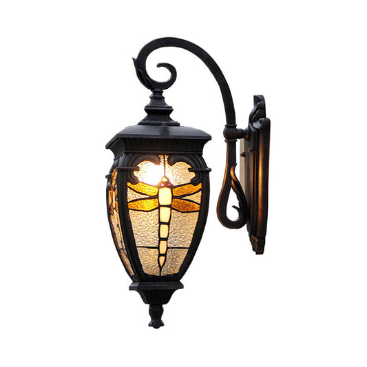 Lantern Wall Light Vintage Stained Glass 1 Head Wall Lantern with Dragonfly Pattern for Balcony Clearhalo 'Industrial' 'Middle century wall lights' 'Tiffany wall lights' 'Tiffany' 'Wall Lamps & Sconces' 'Wall Lights' Lighting' 174789