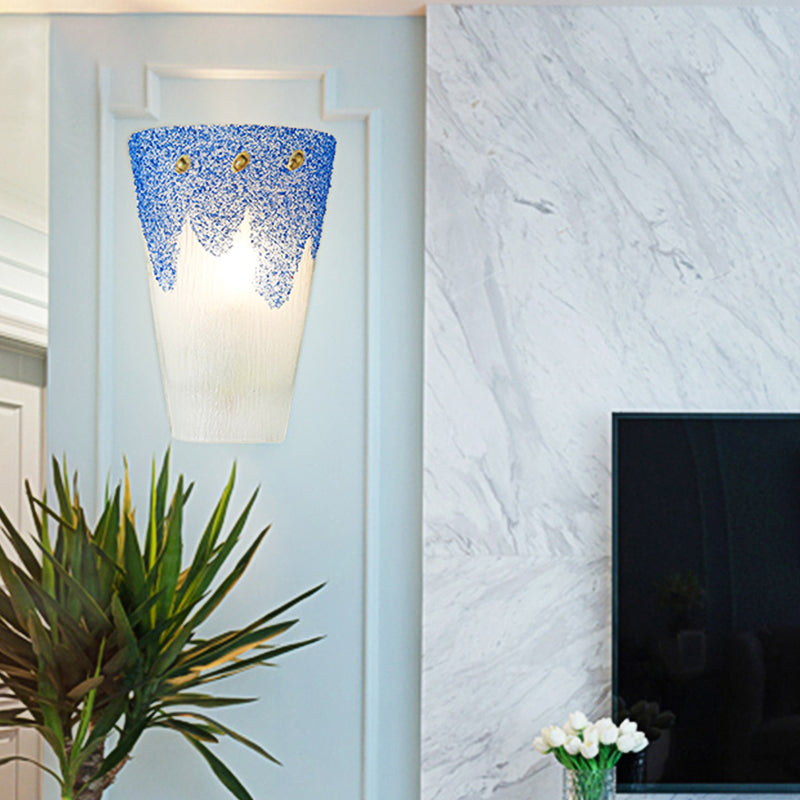 Retro Style Cup Shape Wall Lamp Stained Glass 1 Head Wall Mount Fixture in Blue for Bedside Blue Clearhalo 'Industrial' 'Middle century wall lights' 'Tiffany wall lights' 'Tiffany' 'Wall Lamps & Sconces' 'Wall Lights' Lighting' 174800