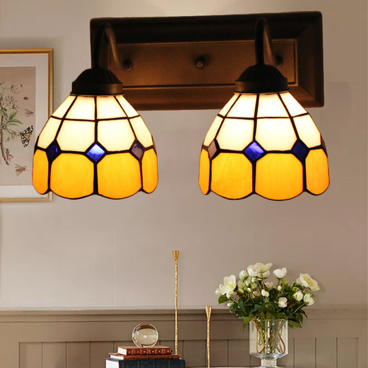 Grid Patterned Amber Glass Sconce Light Baroque 2 Heads Black Wall Light Fixture Amber Clearhalo 'Industrial' 'Middle century wall lights' 'Tiffany wall lights' 'Tiffany' 'Wall Lamps & Sconces' 'Wall Lights' Lighting' 174813